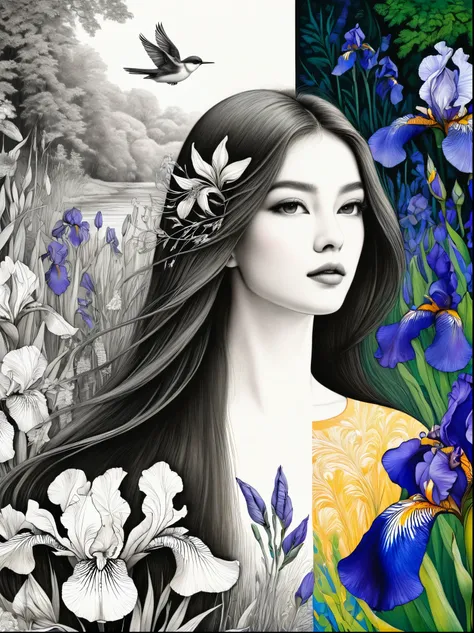 bird，wildflowers and irises in a forest setting，1 image of a long-haired beauty，artwork should be in pencil drawing style，transi...