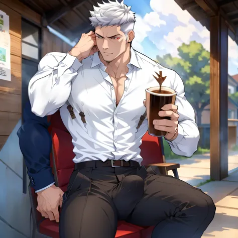 muscular man, male focus, red eyes, short hair, white hair, pants on, unbuttoned shirt, sipping cup of coffee at cafeteria, bulg...