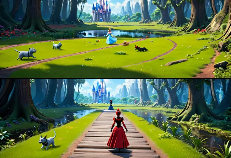 pixar 3d style. isometric view, top and side view, chase action scene, (cinderella):1.5 runs away from (darth maul):1.305, (isom...