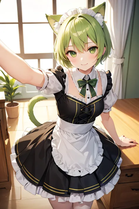 Cute girl with gentle smile, one girl, gentle yellowish green hair, short hair, cat ears, yellowish green eyes.Maid Costume,Take a selfie