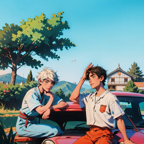 two male teenagers chatting and sitting on the roof of a car during the summer. they are in the Japanese countryside