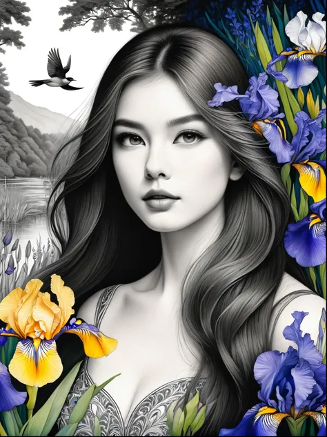 Bird，Wildflowers and irises in a forest setting，1 image of a long-haired beauty，Artwork should be in pencil drawing style，Transition from black and white on the left half to bright colors on the right half，Ensure seamless integration between the two halves...