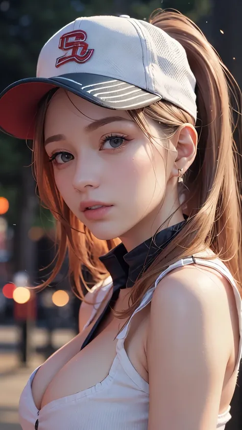 One girl, Terry Bogard Girl, Blonde, ponytail, blue eyes, Baseball cap, Eyes focus, Beautiful park background (8k), (highest quality), (masterpiece:1.2), (Realistic), (Very detailed), (Fine grain:1.2), (Detailed face:1.2), (realism:1.2), (super high qualit...