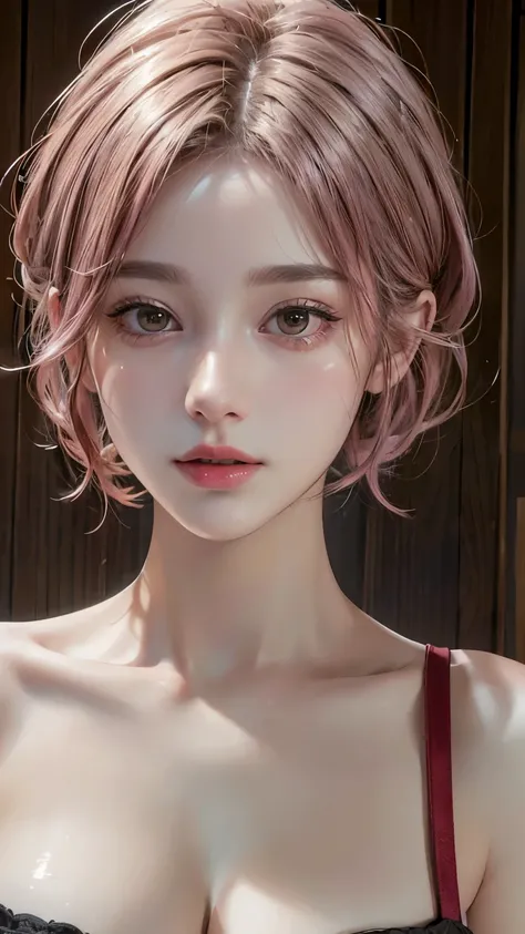 (8k, highest quality, masterpiece: 1.4), Very detailed, highest quality, Ultra-high resolution, Written boundary depth,(Realistic:1.4,RAW shooting,)Ultra-Realistic Capture,(Very detailed,High definition 16K), cute, girl, short hair, Pink Hair, camera