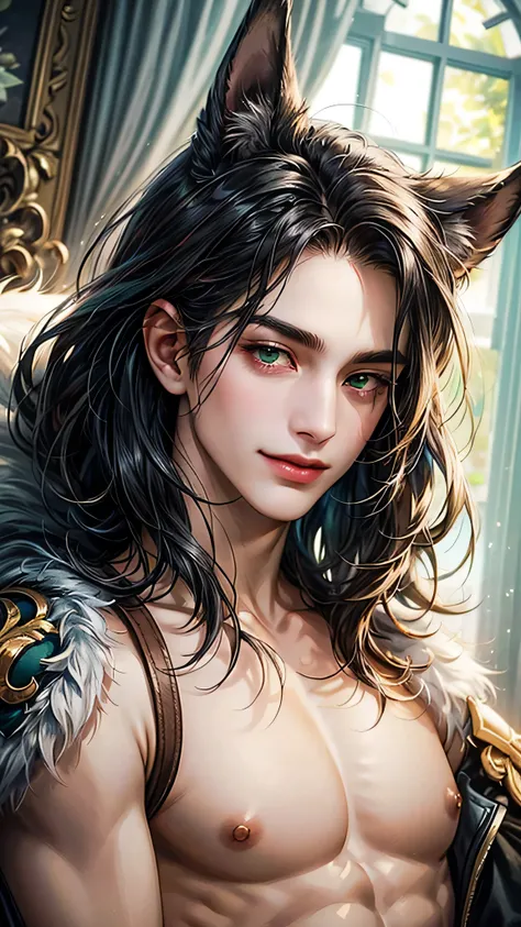 Portrait of the highest quality - 1 boy., 17 years, teenage, character from Final Fantasy XII, black long hair color, with green eyes, big eyes, Solo-focal facial treatment for teenagers, detailed nipples, wear a wolf ears, wear a thong, aroused, topless, ...