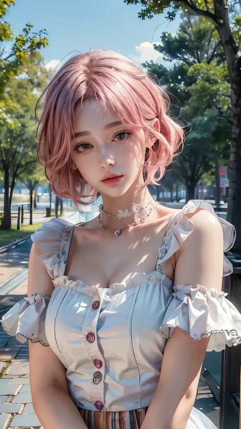 (8k, highest quality, masterpiece: 1.4), Very detailed, highest quality, Ultra-high resolution, Written boundary depth,(Realistic:1.4,RAW shooting,)Ultra-Realistic Capture,(Very detailed,High definition 16K), cute, girl, short hair, Pink Hair, camera