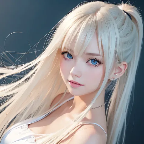 Portrait、、Bright expression、ponytail、Younger, brighter, whiter skin、Best Looks、Blonde reflection、Platinum blonde hair with dazzling highlights、Shiny bright hair,、Super long, silky straight hair、Shiny beautiful bangs、Sparkling, clear, attractive big blue ey...