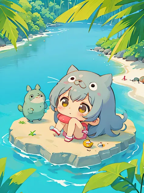 Hayao Miyazaki style, Kawaii Design, The most beautiful girl of all time、Chibi, making a fuss、Cute Totoro, beach, summer, Swimwear