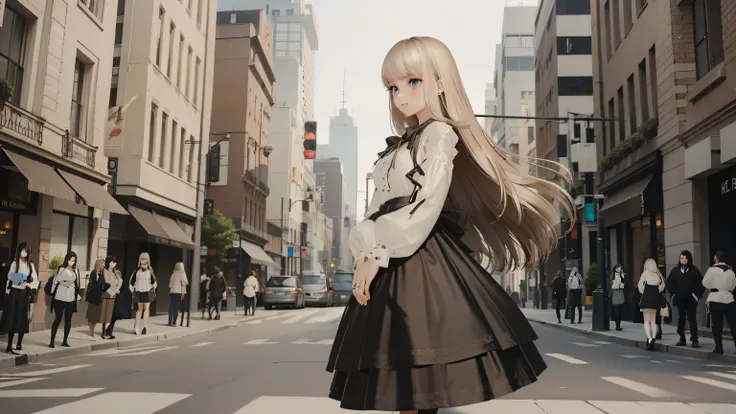 ((Best quality)), ((Masterpiece)), ((Super detailed)), (illustration), (Detailed light), (An extremely delicate and beautiful),A charming young girl,Dramatic perspective,Blonde long hair,sidewalk,Crossing the Street,daytime,Mid-shot