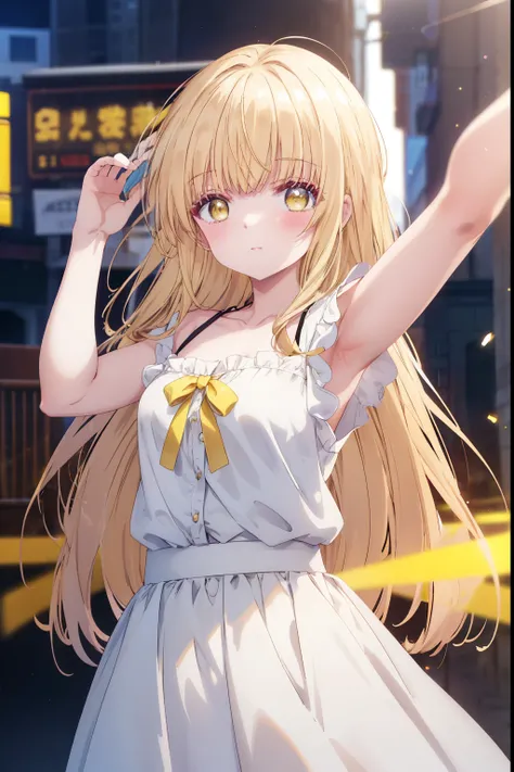 mahirushiina, Mahiru shiina, bangs, blonde, Brown Hair, (Yellow Eyes:1.3)Straight Long Hair,,blush,smile,Bare neck,bare clavicle,Expose your shoulders,Short sleeve、Black long skirt,:Carry 1 on your shoulders,Daytime,Outdoors, arms raised to show armpits,ci...