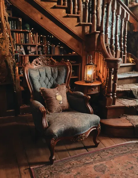 a close up of a chair in a room with a staircase, cosy atmoshpere, cozy place, peaceful wooden mansion, cozy environment, cottagecore, steampunk living room, cozy atmospheric, witch cottage in the forest, a cozy old victorian loft, cozy atmosphere, cottage...