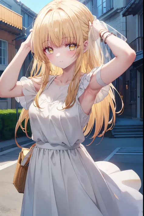 mahirushiina, Mahiru shiina, bangs, blonde, Brown Hair, (Yellow Eyes:1.3)Straight Long Hair,,blush,smile,Bare neck,bare clavicle,Expose your shoulders,Short sleeve、Black long skirt,:Carry 1 on your shoulders,Daytime,Outdoors, arms raised to show armpits,ci...