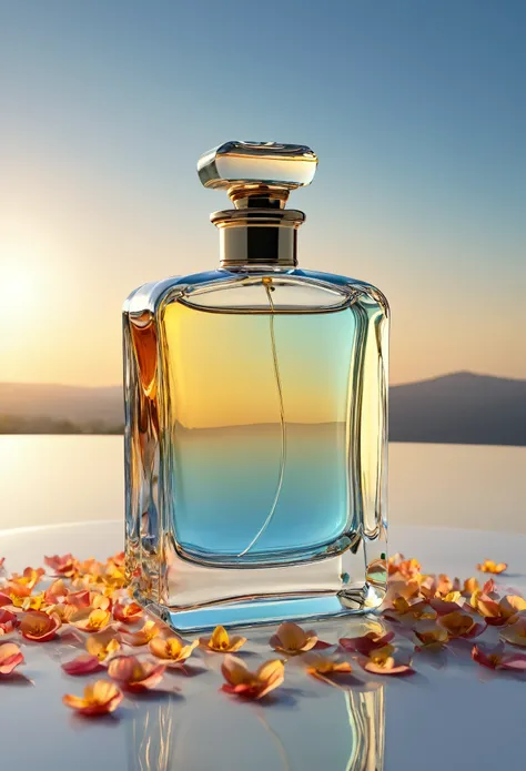 The reflection of a perfume bottle against the pale sky shows its elegant charm. El espejo, framed by delicate falling flower petals, captures the first rays of the moon in a high-angle shot. Every detail is meticulously captured in high detail., alta cali...