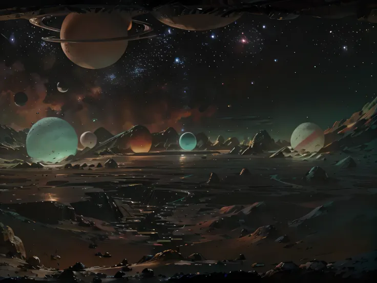 view of a planet in deep space, with stars of different colors, and 2 big planets with rings and moons in the back