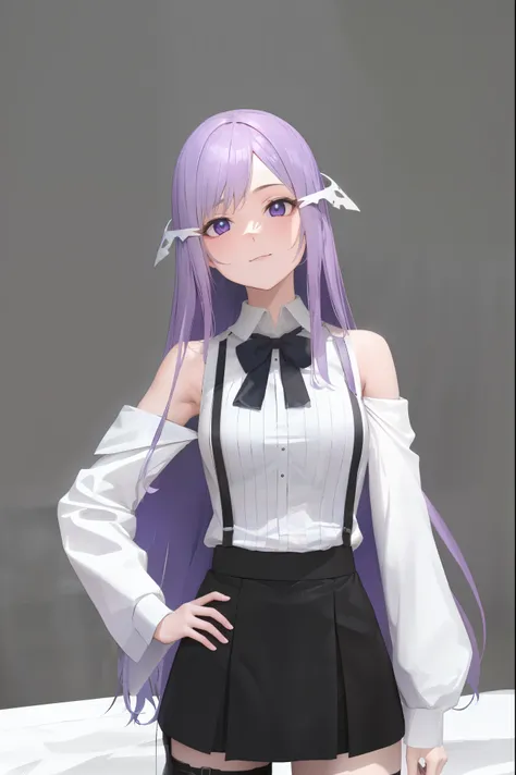 quinella, quinella, absurdly long hair, (purple eyes:1.1), long hair, parted bangs, purple hair, very long hair, hair ornament,medium breast,
BREAK black bowtie, white shirt, sleeveless, off shoulder, grey cardigan, open clothes, sleeves past wrists, black...