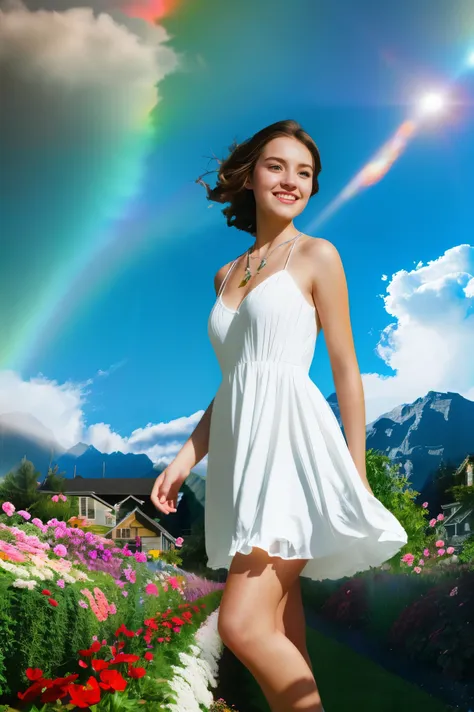 1 cute canadian girl, Dynamic Angle, Clouds and mountains, (garden: 1.4) prospect, White Dress, Light Tracing, (Floating colorful wind: 1) (Realistic: 1.4), Official Art, Unity 8K Wallpaper, Super detailed, Beautiful and beautiful, masterpiece, highest qua...