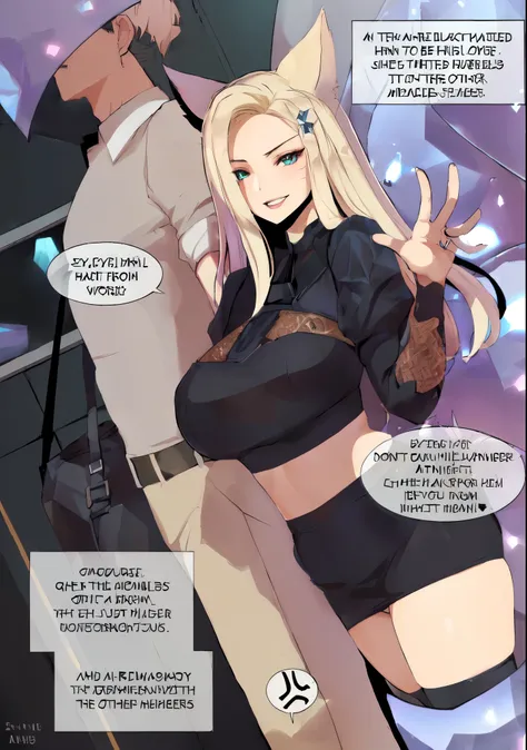 Ahri, KDA, baddest ahri, blonde, midriff, medium breasts, mini skirt, thighhighs, a cartoon picture of a woman in a black outfit and a man in a white shirt, (sfw) safe for work, fine details. girls frontline, from girls frontline, touching her clothes, and...