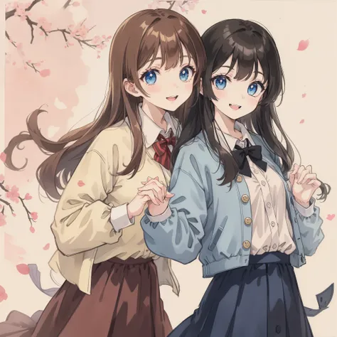 rating:safe, blue_eyes, long_hair, multiple_girls, 2girls, white_shirt, smile, shirt, looking_at_viewer, brown_hair, blush, holding_hands, parted_lips, interlocked_fingers, upper_body, long_sleeves, dress_shirt, jacket, eyebrows_visible_through_hair, open_...