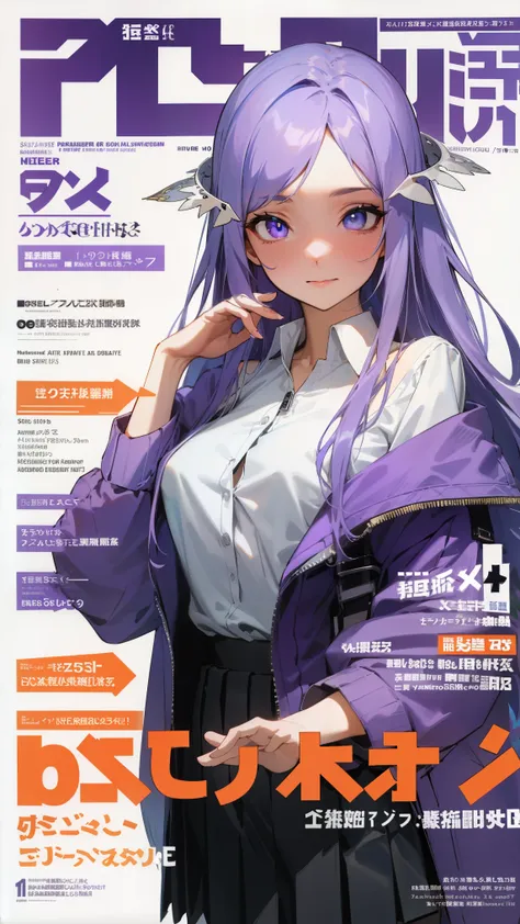 quinella, quinella, absurdly long hair, (purple eyes:1.1), long hair, parted bangs, purple hair, very long hair, hair ornament,medium breast,
BREAK (collared shirt, white shirt, off shoulder, purple jacket, partially unzipped, long sleeves, sleeves past wr...