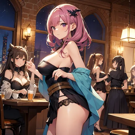 A group of female dancers set in a medieval fantasy setting、Dragon Quest、 (At the pub), Mr.々Hair style, Harem, night, Detailed aspect, skirt, Seduce, No sleeve、Off the shoulder、showing off panties、Huge Breasts、Big Ass、wide waist width、skirtをたくし上げている