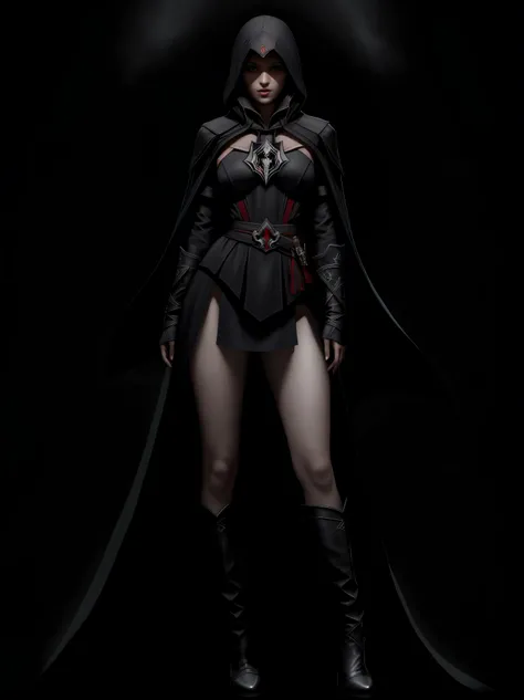 there is a woman, assassins creed , hooded, alluring expression, very bold, upper  visible, full body photo, standing legs apart, pale translucent glowing skin, most beautiful face, cute, ((dark plain black background:1.4))