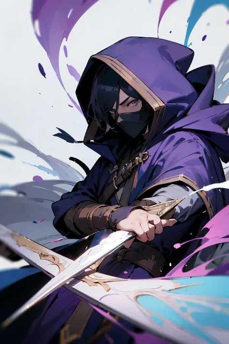 a young man assassin with half his face covered by a  mask and hood, long dark purple clothing, a dagger in one hand and a magical aura