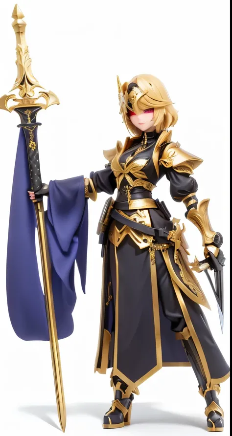 Black chrome, gold blindfold, sword in his left hand
