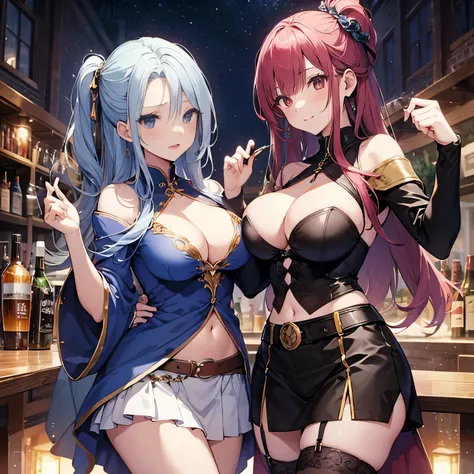 A group of female dancers set in a medieval fantasy setting、Dragon Quest、 (At the pub), Mr.々Hair style, Harem, night, Detailed aspect, skirt, Seduce, No sleeve、Off the shoulder、showing off panties、Huge Breasts、Big Ass、wide waist width、skirtをたくし上げている