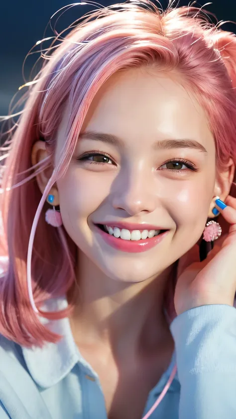 highest quality, masterpiece, Ultra-high resolution, (Realistic:1.4), (Close-up portrait) RAW Photos, 1 girl,20-year-old,((Smiling with teeth showing)),((Big smile))((Neon city at night)),((Wireless Earphones)),((Nose Piercing)),,((Passionate pink haired g...