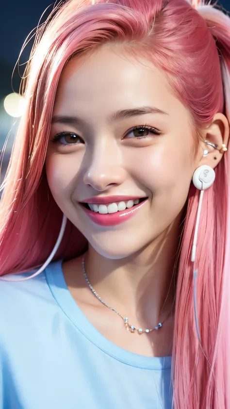 highest quality, masterpiece, Ultra-high resolution, (Realistic:1.4), (Close-up portrait) RAW Photos, 1 girl,20-year-old,((Smiling with teeth showing)),((Big smile))((Neon city at night)),((Wireless Earphones)),((Nose Piercing)),,((Passionate pink haired g...