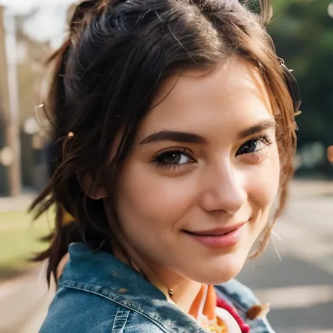 /imagine prompt: An Instagram profile picture of a charming USA girl, captured in a close-up shot with a blurred background, shes smiling radiantly, wearing a stylish outfit that reflects her American vibe, perhaps denim jacket with a red bandana tied arou...