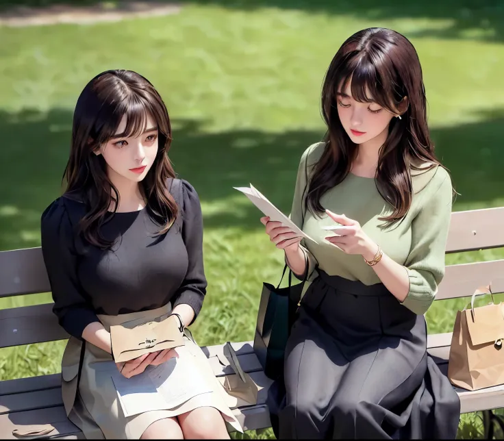 2lady, Sit on it (Bench end), (Office staff outfit) fashionable, Mature female, /(Brown hair/) Bangs, (Looking at the phone), (Masterpiece Best Quality:1.2) Exquisite illustrations with rich details, large breasts rest /(Black Hair/) Bangs, (Staring into t...