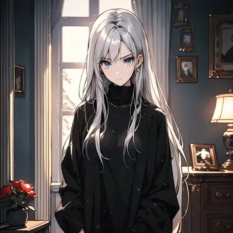 A white hair，20-year-old girl in a black sweater，Standing in the living room of the house，Looking out the window，Expression of indifference，frown（Upper body display：1.5）（cinematic lighting：1.5）)(ultra-high detail:1.5)(best quality:1.5)