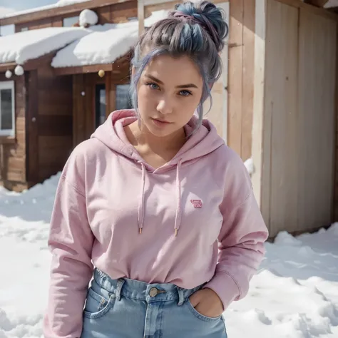 A woman wearing pink hoodie, denim pants, blue hair, updo hairstyle, beautiful, perfect face, perfect eyes, perfect finger. Perfect thigh. Hands on pocket. in the north pole full of snow. Sunny day