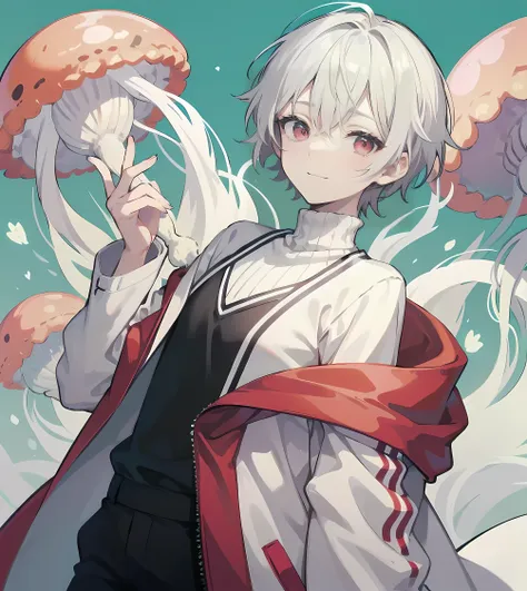 boy with short white hair and red eyes , white turtleneck , red shoulder coat , dazed face, slight smile , jellyfish background ...