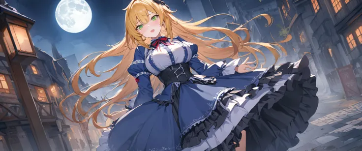 Green Eyes Top Quality Super Detailed,unity 8k wallpaper,Embarrassing,(Blue Uniform Gothic Lolita:1.2),Full moon night,((watercolor)),whole body,((Glowing Eyes:0.8)),beautiful girl,,town,city,Blonde, ((Highlighted Hair,Red striped hair)),Ready your gun?