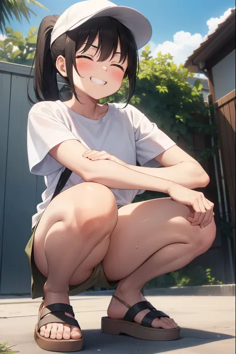 Residential Street,smile,squat,Close ~ eyes,1 ,ponytail,Black Hair,blush,White T-shirt,Olive green shorts,Brown Sandals,White skin,summer,White cap,From below,Spread your hands,shy,Sweat,Grin,