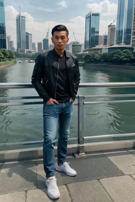 Handsome Indonesian man, neat short hair, black jacket, athletic body, Rolex watch, blue jeans, cool sports shoes, super sharp and detailed,Big and clean river surrounding skyscrapers 