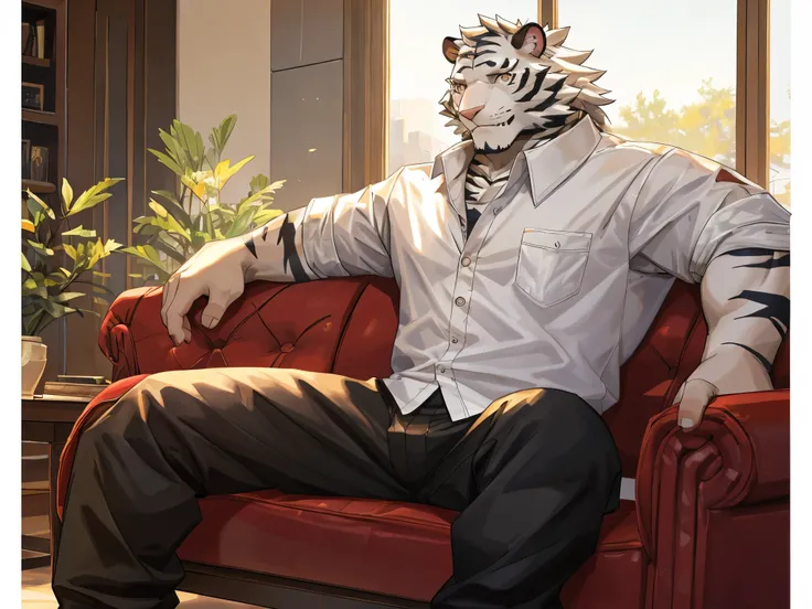 Masterpiece, Jin Qiu, Furry White Tiger, Toned, Handsome, Casual shirt, Casual Pants, Sitting in sofa, living room.