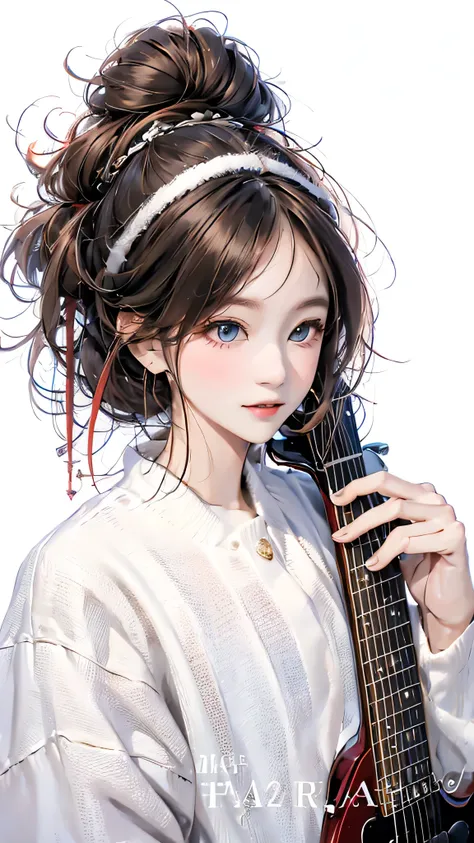 masterpiece, highest quality, winter clothing, bun hair, guitar, Upper body, pure white background