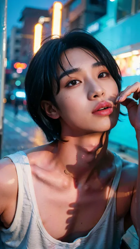 Realistic photos, 8k,(((A bustling neon street,Have a board,Begging,Handsome young Korean tomboy with a bob cut))),(((Big eyes,Glaring at the camera,Unpleasant,Bad mood))),Chest is male,18-year-old,(Ultra-realistic), (figure), (High resolution), (8k), (Ver...