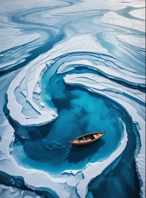 Aerial view of an ice lake with a small boat in the center, surrounded by swirling patterns andvibrant blue water. spiral abyss, The scene is captured from above in a topdown perspective.showcasing intricate details like ripples on surface and layers benea...