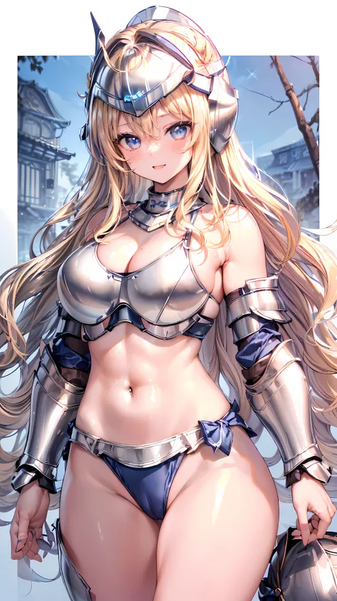 Very detailed、highest quality、Best image quality、masterpiece、8k、Anime Face、A kind smile、(Open your mouth)、Sparkling blue eyes、(Blonde wavy hair:1.5)、、Muscles of the whole body、camisole、Thigh belt、mini skirt、(Wearing silver bikini armor:1.5)、(Cowboy Shot:1....