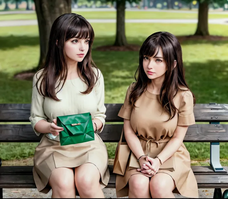 2lady, Sit on it (Bench end), (Office staff outfit) fashionable, Mature female, /(Brown hair/) Bangs, (Looking at the phone), (Masterpiece Best Quality:1.2) Exquisite illustrations with rich details, large breasts rest /(Black Hair/) Bangs, (Staring into t...