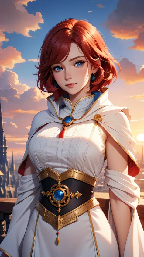 Best quality, 30 year old woman, short red hair, blue eyes, slight smile, upper body, fancy mage robes, intricate details,  fluffy clouds, fantasy city,  sunset, 