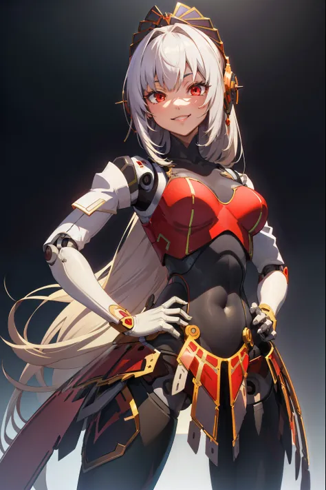 metis,android,robot joints,(extremely detailed CG unity 4k wallpaper),(masterpiece),(best quality),(ultra-detailed),(best illustration),(best shadow),(absurdres),(Simple background), White long hair (Hime cut), Red eyes, Smile, happy, Hands on hips,