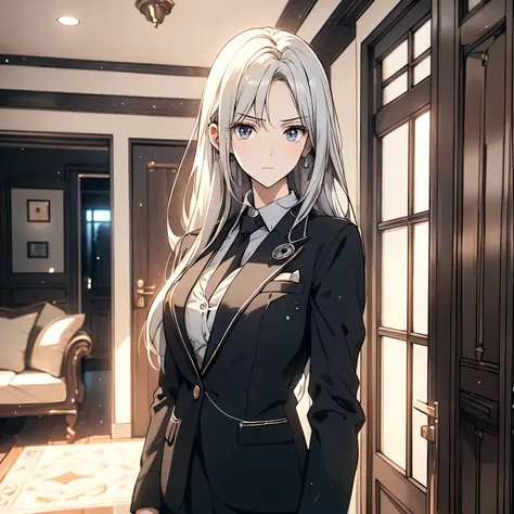 A white hair，20-year-old girl in business suit，Standing in front of the door of the living room of the house，Sad expression，frown（Upper body display：1.5）（cinematic lighting：1.5）)(ultra-high detail:1.5)(best quality:1.5)