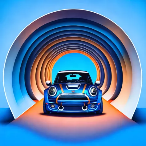 Artwork for t-shirt graphic design, a blue R53 Mini Cooper S driving inside a tunnel design, highly detailed clean, vector image, realistic masterpiece, professional photography, realistic car, isometric, vibrant vector