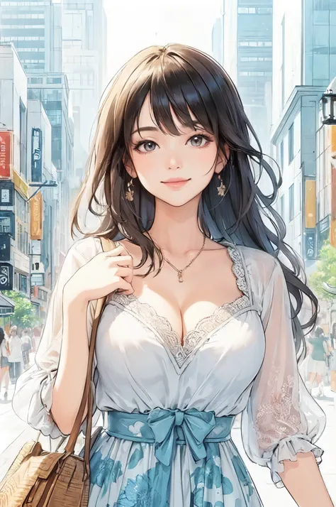 1lady solo, (strolling through city), (stylish outfit) (refreshing attire), mature female, /(black hair/) bangs, kind smile, (masterpiece best quality:1.2) delicate illustration ultra-detailed, large breasts BREAK (holding designers bag) BREAK (populous do...