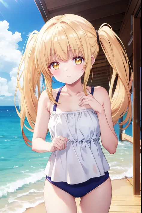 Mahiru shiina, , blonde, (Yellow Eyes:1.3)、Twin tails,,blush,smile,in the sea、Wearing a cute swimsuit,Daytime、Wear a swimsuit、Captivating thighs、Beautiful bare legs, Skimpy swimwear、bikini、School swimsuit
（masterpiece:1.2), highest quality, High resolution...